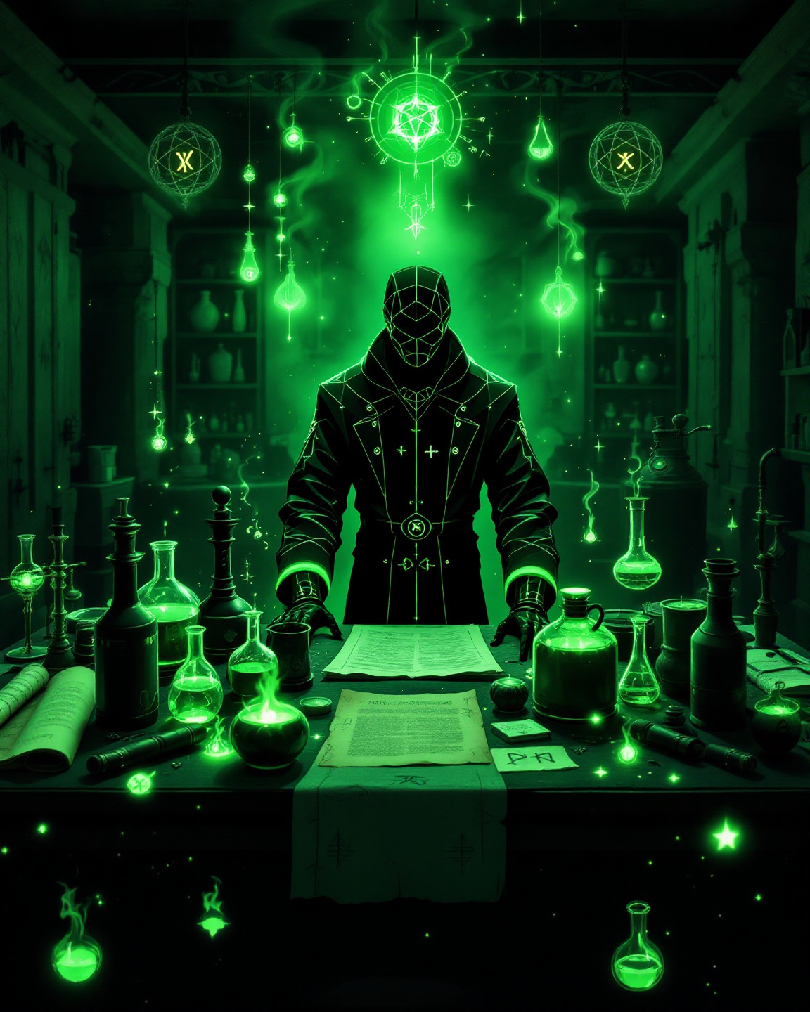 A cinematic scene of an Alchemist standing at a tabl...