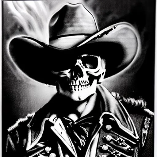 Prompt: Overdetailed Photorealistic Portrait of a Blackened Skeleton Dead Cowboy, Detailed skull Face, White Wispy hair Detailed Hands, Splatters of blood on Duster, Intricately Detailed, Award Winning, Photograph, Film Quality, Photorealistic