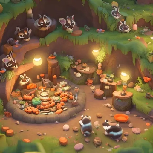 Prompt: A raccoon rabbit are gathering in a cave with foods(carrot/ anything else) and furnished with table and light