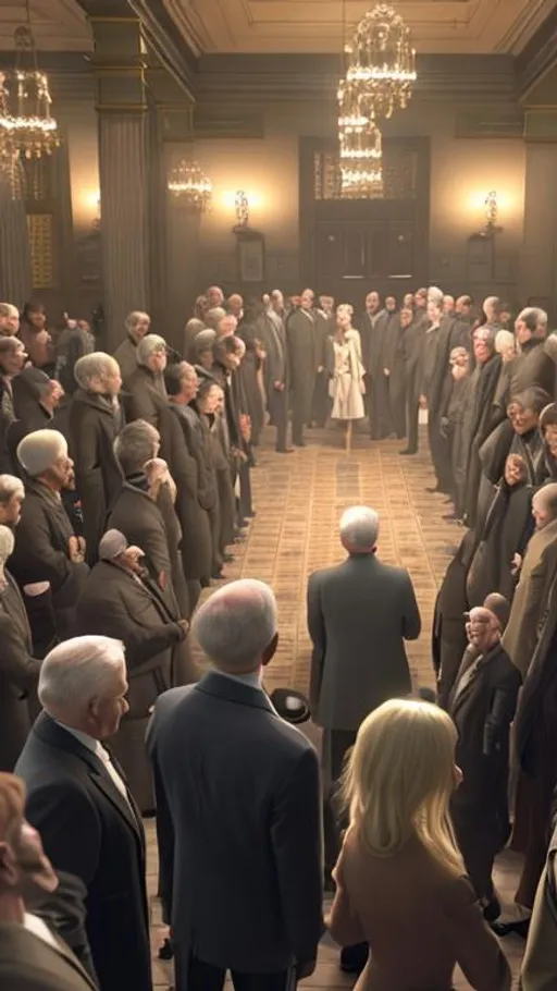 Prompt: In the foreground the main character is a young blonde woman, surrounded by a crowd of old men in suits. The background is a indoor hall of historical building.