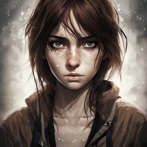 Prompt: portrait of a woman, she has brown eyes and hair, her expression is defiant, facing camera, concept art and anime style and photorealistic, symmetrical, themes of survival