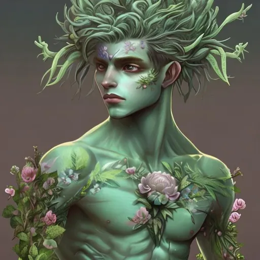 Prompt: male dryad, pastel green skin, flowers growing from skin, nature decal on skin, high detail, magical, pastel colors, high fantasy