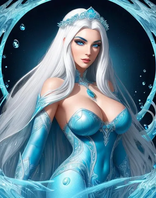Prompt: A beautiful 25 ft tall 30 year old ((British)) Water elemental Queen with light skin and a beautiful face. She has long white hair  and white eyebrows. She wears a beautiful slim blue dress. She has brightly glowing blue eyes and water droplet shaped pupils. She wears a blue tiara on her head. She has a blue aura around her. She is standing in a beautiful open field with blue flowers around her. Beautiful scene art. Scenic view. Full body art. {{{{high quality art}}}} ((goddess)). Illustration. Concept art. Symmetrical face. Digital. Perfectly drawn. A cool background. Five fingers. Full body view 