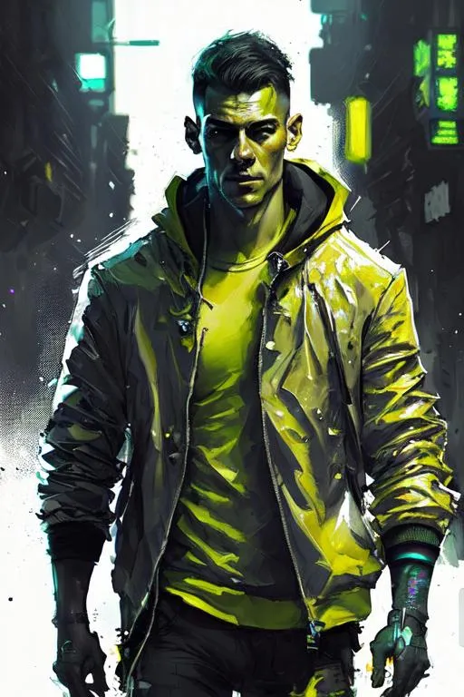 Prompt: UHD, , 8k, high quality, neon lighting, cyberpunk, hyper realism, Very detailed,  clear visible face, male futuristic assassin, he is wearing a armor plated suit, he is standing in a city street