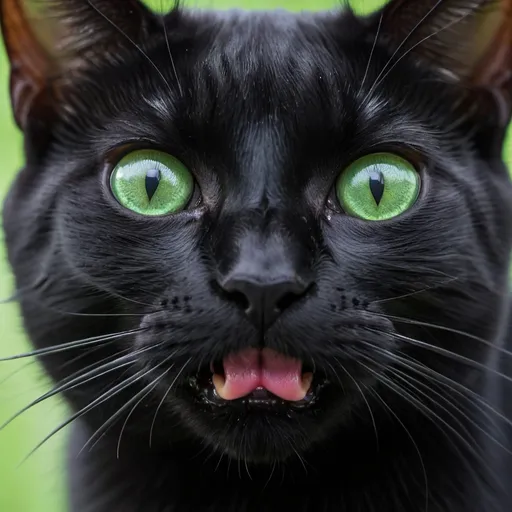Prompt: A black cat's face closeup on the green eyes sticking his tongue out just a little bit, detailed texture and details. macro lens, product photography