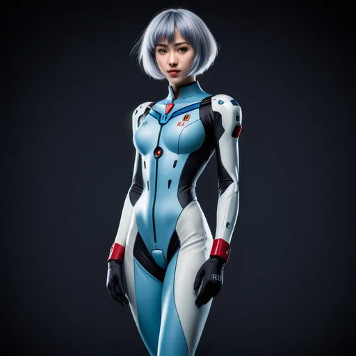 Prompt: High resolution Realistic photo image of an age:18 cute rei ayanami anime character from “neon genesis evangelion“, full body original Eve jump suit, highly detailed facial features and expression, dynamically posed with Eve in background