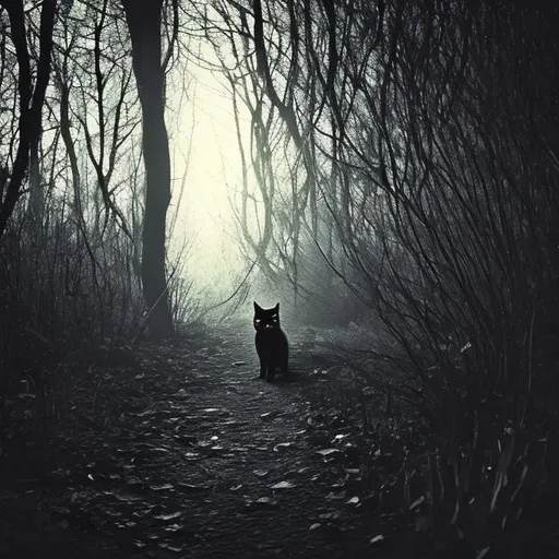 A creepy black cat walk in the woods at night