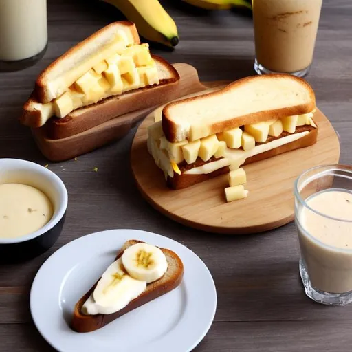 Prompt: seductress banana cheese sandwich on toast with cheese milkshake on a table made out of banana and cheese wood