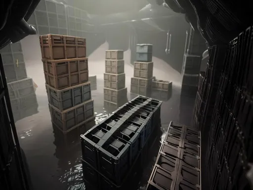 Prompt: Stacked Crago crates in the submarine hallway