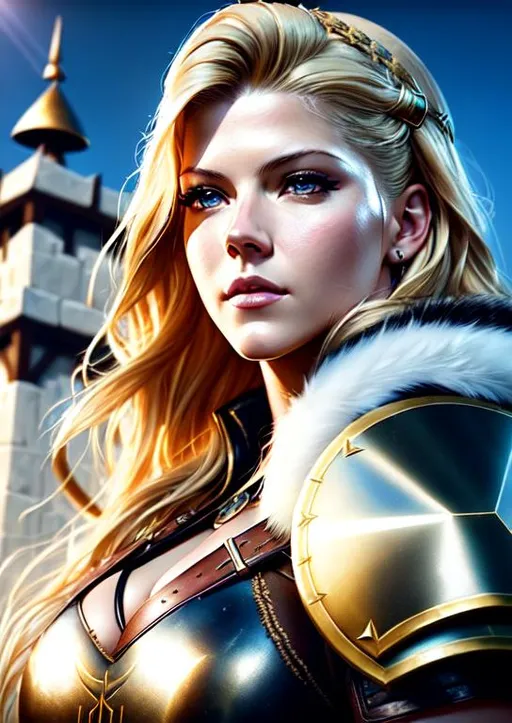 Prompt: ((Katheryn Winnick as a shield maiden)), hyper realistic, high quality face and eyes, holding tower shield, leather armor with fur on neck, artstation, 8k, best quality, beams of light coming down from clouded sky, ray tracing