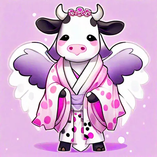 Prompt: cow anthropomorphic, kawaii style,  white fur with black spots, Black and White Angel Wings, wearing black pants white shirt and a pink and purple open kimono-like jacket, Angel of Serenity and Devotion, Masterpiece, Best Quality 