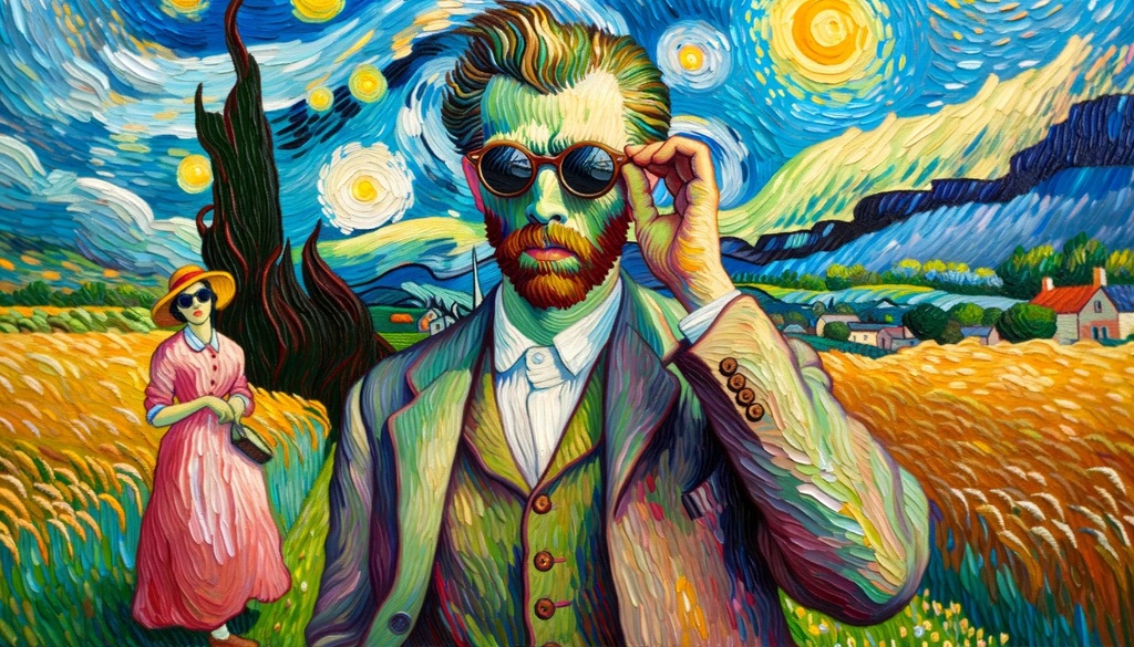 Prompt: Oil painting in the style of Vincent van Gogh depicting a man donning sunglasses, with a vivid countryside background featuring a woman and a man. The colors are vibrant, and the brush strokes are thick and expressive.