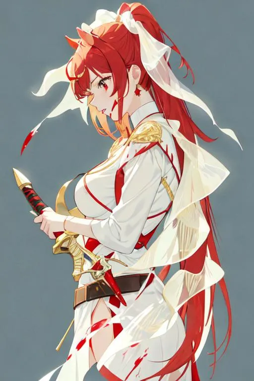 Prompt: Haley as a horse girl with bright red side-swept hair, crying, holding a dagger, covered in blood, wearing a blood stained red and gold wedding gown