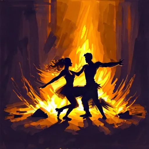 Prompt: Dancers shadowed by a campfire as they dance at nightime. 