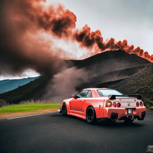 Prompt: gtr r34 skyline in front of blasting lava from a mountain
