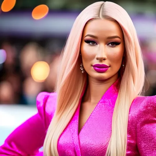 Prompt: Very high quality Iggy Azalea wearing a highly accurated Barbie inspired pink  perfect Look 