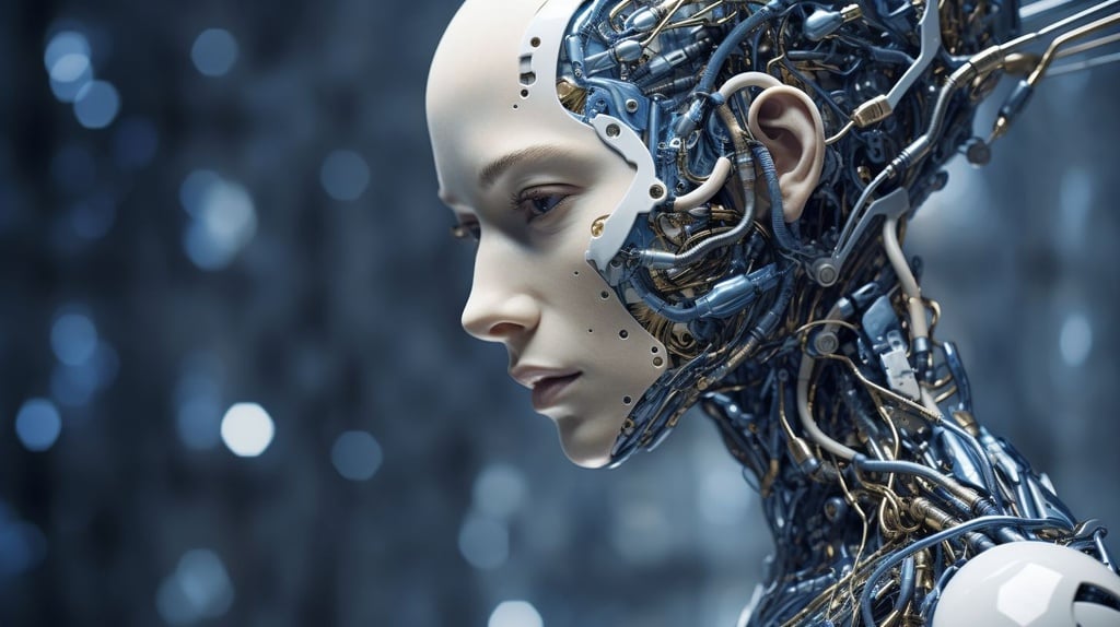 Prompt: an android woman with an abstract design is drawn into its skin, in the style of detailed facial features, dark silver and dark blue, computer-aided manufacturing, made of insects, intense close-ups, precisionist lines, human connections