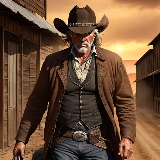 Prompt: Action! Angry Tense 3D HD Ominous, Forbearing, Brooding (grizzled! Dusty, dirty, tired, Rugged!! Sweaty Old Male {1800's Old West}Horserider), Evening, hyper realistic, 8K expansive Autumn Old Western town background --s99500