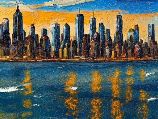 Prompt: Thick oil impasto York Skyline from 42nd Street Pier, thick oil impasto