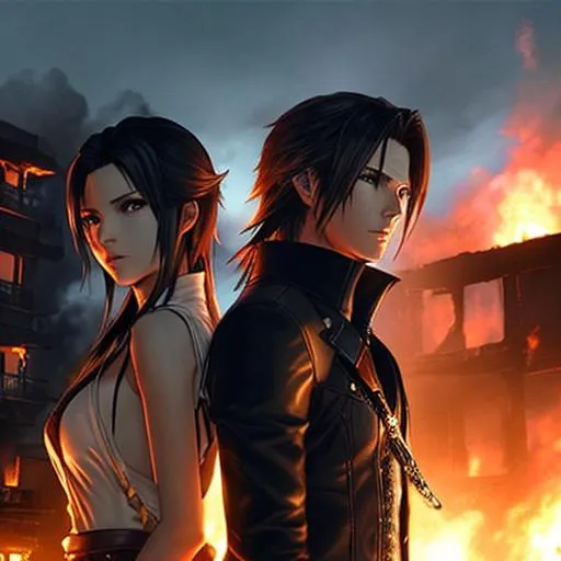 Prompt: A very dramatic Final Fantasy image of Squall being secretly watched by Rinoa, who just burnt down a neighborhood, dramatic lighting, fiery background