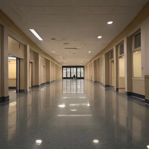 Prompt: Real life school main hallway liminal space