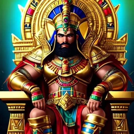 Prompt: A dark skin male Dwarven Pharoah wearing gold and blue and green and red ancient Egyptian/Roman/Aztec style pharoah's armor sitting on a gold throne in a pyramid. red hair, green eyes, lots of gold jewelry and black egyptian style makeup, red dwarven beard.