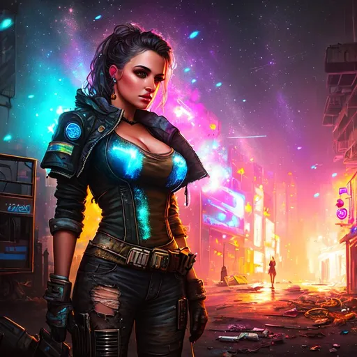 Prompt: bust painting of a woman, torn clothing, welding, nighttime, post apocalyptic city street, cyberpunk, ruins, trash, galaxy, soft light, pastel colors, background explosion, muted color scheme, art, painting, fireflies