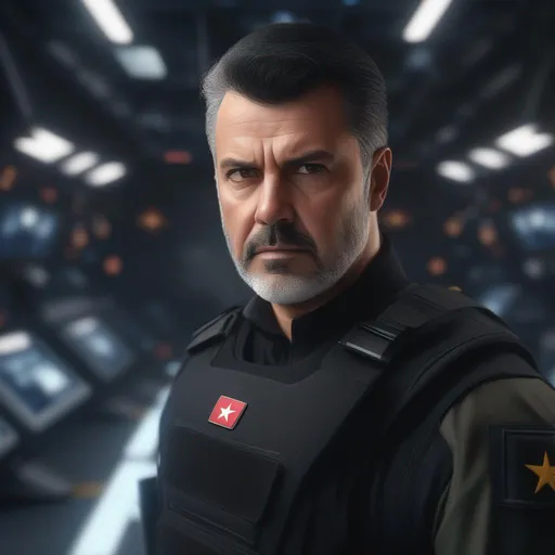 Prompt: A middle-aged europen man black dressed army, angry, black hair, background fleet starships, , Hyperrealistic, sharp focus, Professional, UHD, HDR, 8K, Render, electronic, nervous vibe, loud, tension, dark, Epic