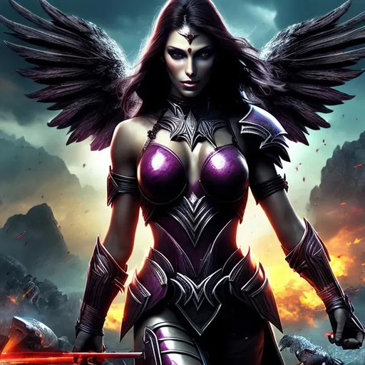 Prompt: HD 4k 3D 8k professional modeling photo hyper realistic beautiful warrior women ethereal greek goddesses of battlefield slaughter dark twin angels
plum hair dark eyes gorgeous face fair skin dark armor blood splatter full body surrounded by magical glowing light hd landscape background underworld battlefield carnage two twin dark angels