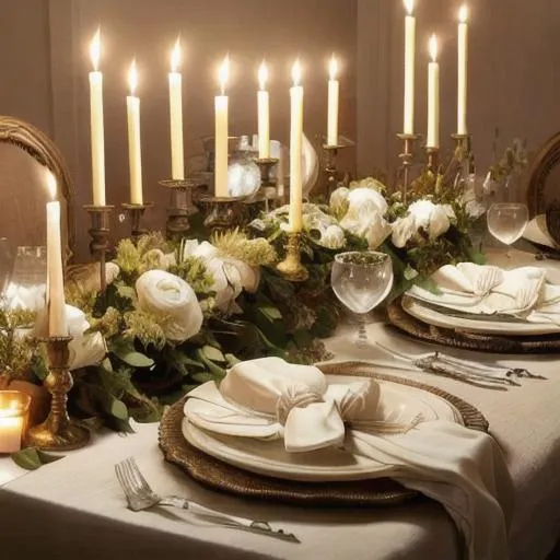 Prompt: A portrait of a table set for a candlelit dinner at night