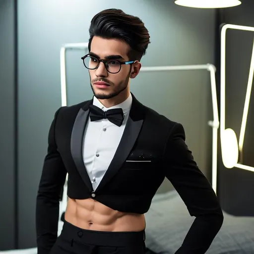 Prompt: a 2k hdr photo of an attractive long hair 21-years old tired man with a six pack abs and glasses wearing a crop top black long sleeve business suit with a black necktie and black business suit pants, he also has a bare midriff and a bare navel, sore abs, (bedroom background), nighttime, 4k, sideview, ((high quality)), ((highly detailed))
