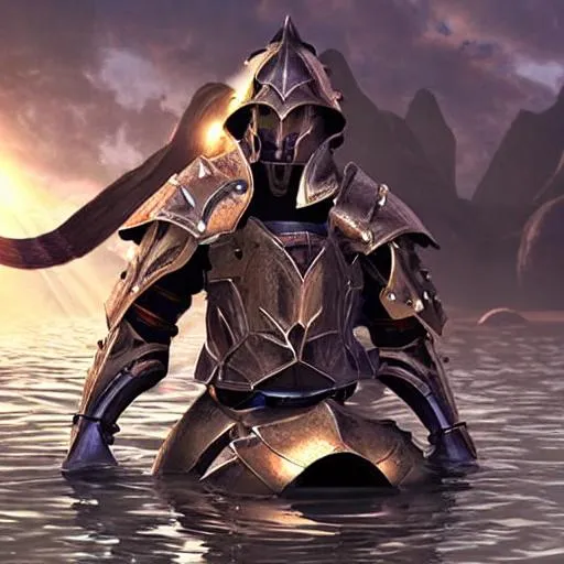 Prompt: Paladin in heavy armor submerged in holy Light