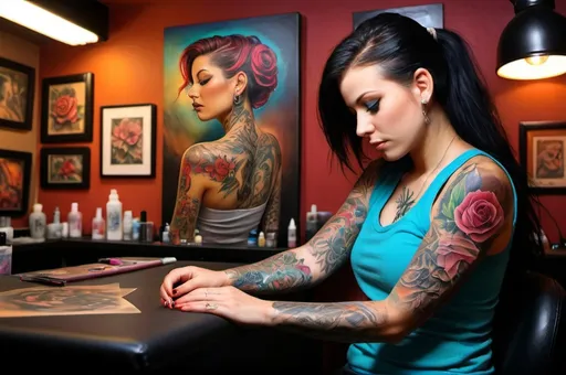 Prompt: Fantasia tattoo studio interior, realistic oil painting, vibrant and colorful, intricate tattoo designs on display, skilled tattoo artists at work, warm and inviting ambiance, high quality, realistic, vibrant colors, detailed tattoo art, professional, atmospheric lighting sitting in tattoo clients on woman working tattoo artist tattoo bet on sleep 