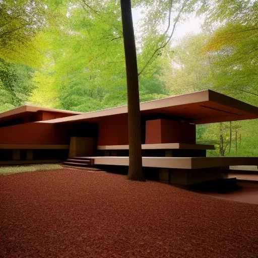 Prompt: Frank Lloyd Wright Usonian home with mies van der rohe pavillion
