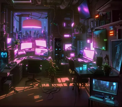Prompt: detailed scifi artstation scene of a complex computer workstation in a small studio apartment room, single potted plant, many monitors, many electronics, a window view of the city, maximalism, volumetric light, sunny amber morning light, sun beam, cinematic composition