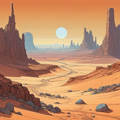 Prompt: A desert alien landscape with rocky ground and mesas to the left, in the style of Moebius