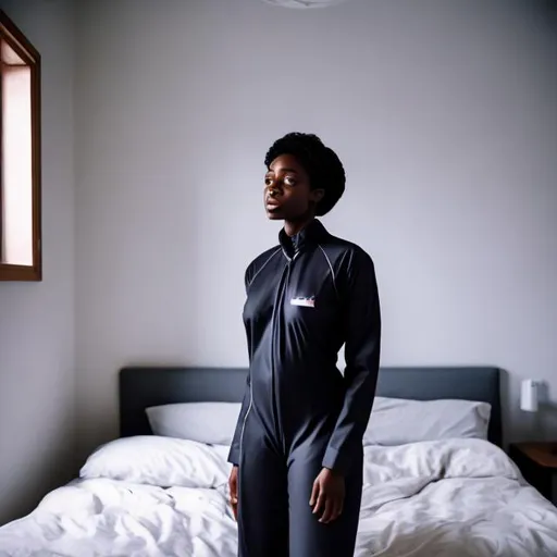 Prompt: A photo of a black woman wearing bidysuit  in soft lighting indoors on a bed