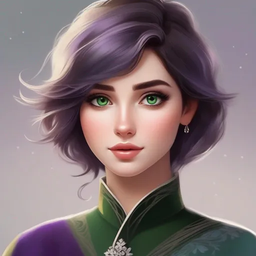 Prompt: elsa's short brunette haired roundish faced green-brown eyed cousin with a purple black grey white color scheme, profile picture