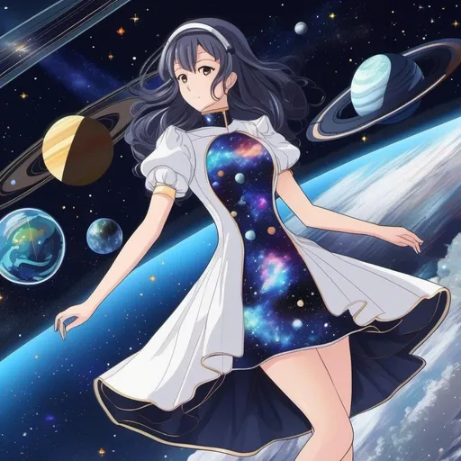 Prompt: a woman wearing outer space as a dress, anime