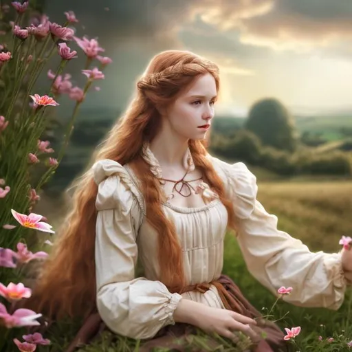 Prompt: HD 4k 3D professional modeling photo live action  hyper realistic beautiful  woman maid marion long auburn hair tan skin light brown eyes pink and white dress Tudor England manor english countryside lilies landscape hd background ethereal mystical medieval beauty 