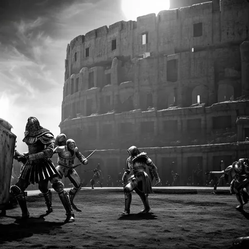 Prompt: monochrome, gladiator arena, tall arena, fight, brutal, torture, scifi