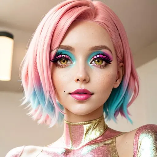 Prompt: pretty, young girl with pink hair, with pink and gold color scheme,  futuristic fashion, teal eyeshadow, pink lips

