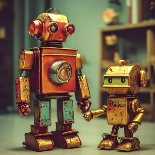 Prompt: Square Retro Tin toy robot in warm atmosphere 