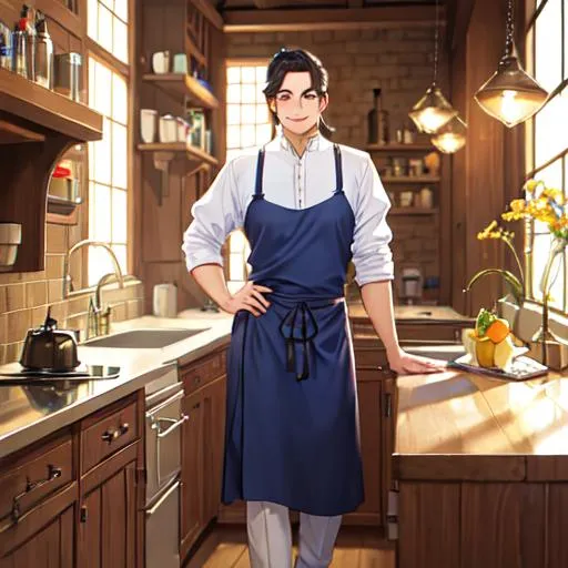 Prompt: A  very feminine man dressed like a matron, smiling contently, medieval kitchen.