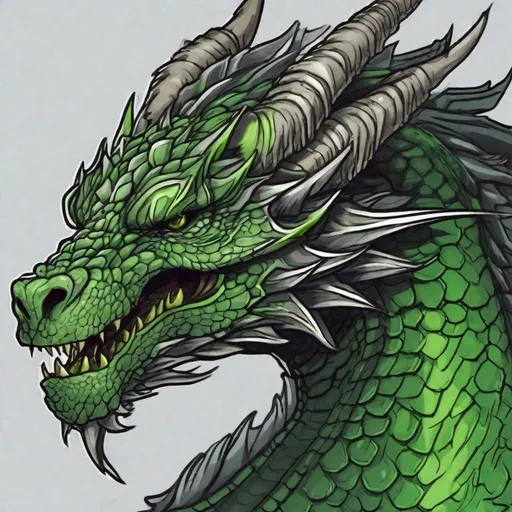 Prompt: Concept design of a dragon. Dragon head portrait. Coloring in the dragon is predominantly dark gray with bright green streaks and details present.