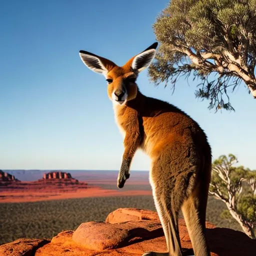 Prompt: Meet Ozzie, the powerful Aussie kangaroo! With his mighty chest puffed out and strong hind legs, he bounds across the vast Outback with an unwavering passion for his country. His deep connection to the rugged landscape, the iconic red deserts, and the lush greenery of the bush fills him with pride. Ozzie stands tall as a symbol of resilience and strength, representing the spirit of Australia. With every leap, he embodies the enduring spirit of the people and the diverse wildlife that call this land home. His determination and love for his homeland inspire all who encounter him, reminding them of the beauty and wonder that Australia has to offer.