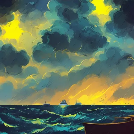 Prompt: 2d moody dark ocean storm flat cartoon impressionist while looking out from shore with boat and yellow lights across pier
