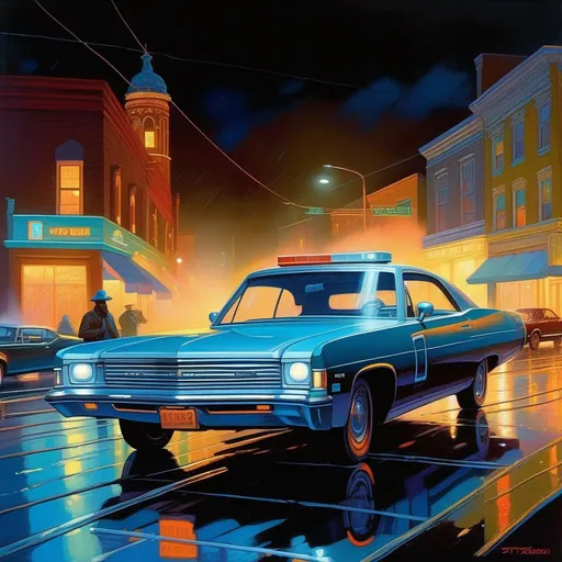 Prompt: 2030s, Pittsburgh at night, neon, car chase, rain, fog, cold blue atmosphere, cartoony style, extremely detailed painting by Greg Rutkowski and by Henry Justice Ford and by Steve Henderson 

