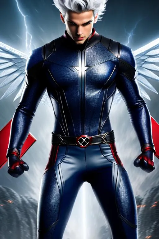 Prompt: High-resolution hyperrealistic photo of x-man quicksilver merged with x-man archangel, silver and red costume, uhd, hdr, 64k