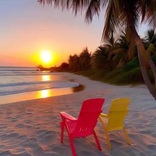 Prompt: Sunset on beach with coloured chair, palm trees, coconut, towel 